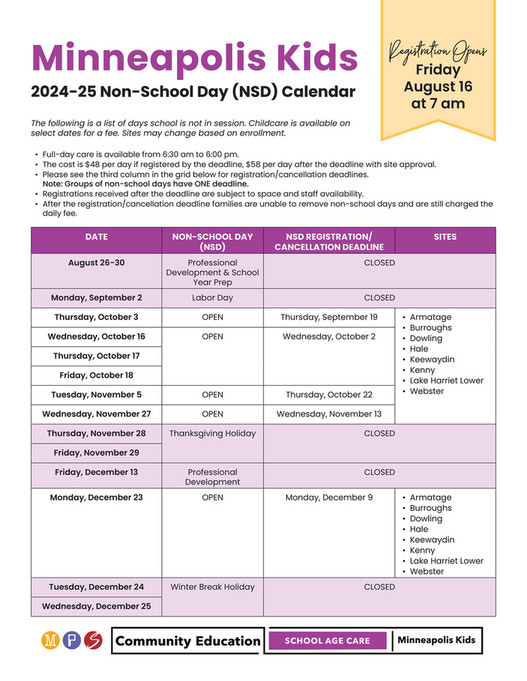 Minneapolis Public Schools Minneapolis Kids NonSchool Day Schedule